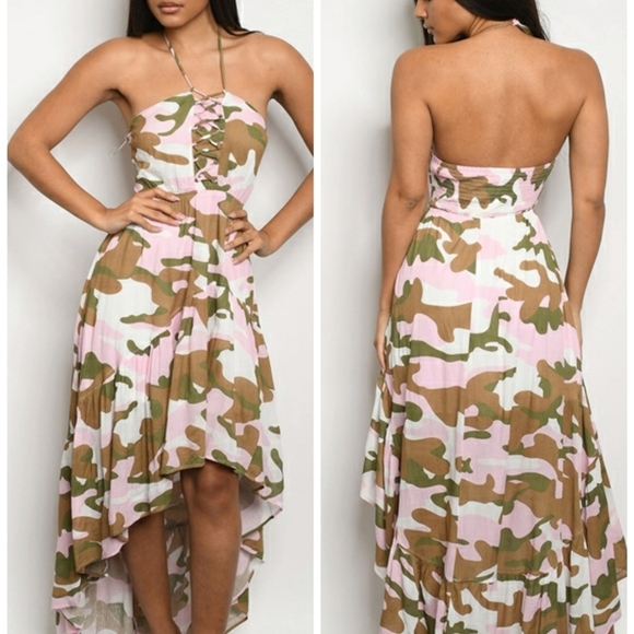 HOT & DELICIOUS PINK CAMOUFLAGE HALTER DRESS  - Picture 1 of 5